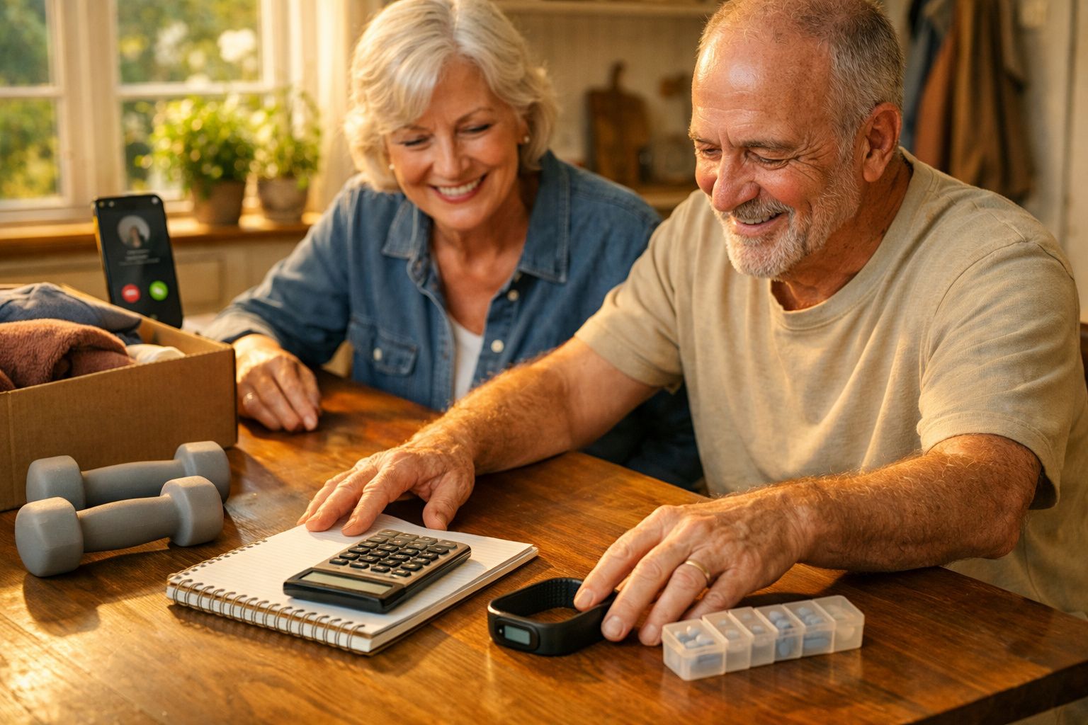 Casal idoso sentado à mesa com caderno, caixa de medicamentos e faixa elástica, caixa de doações ao fundo.