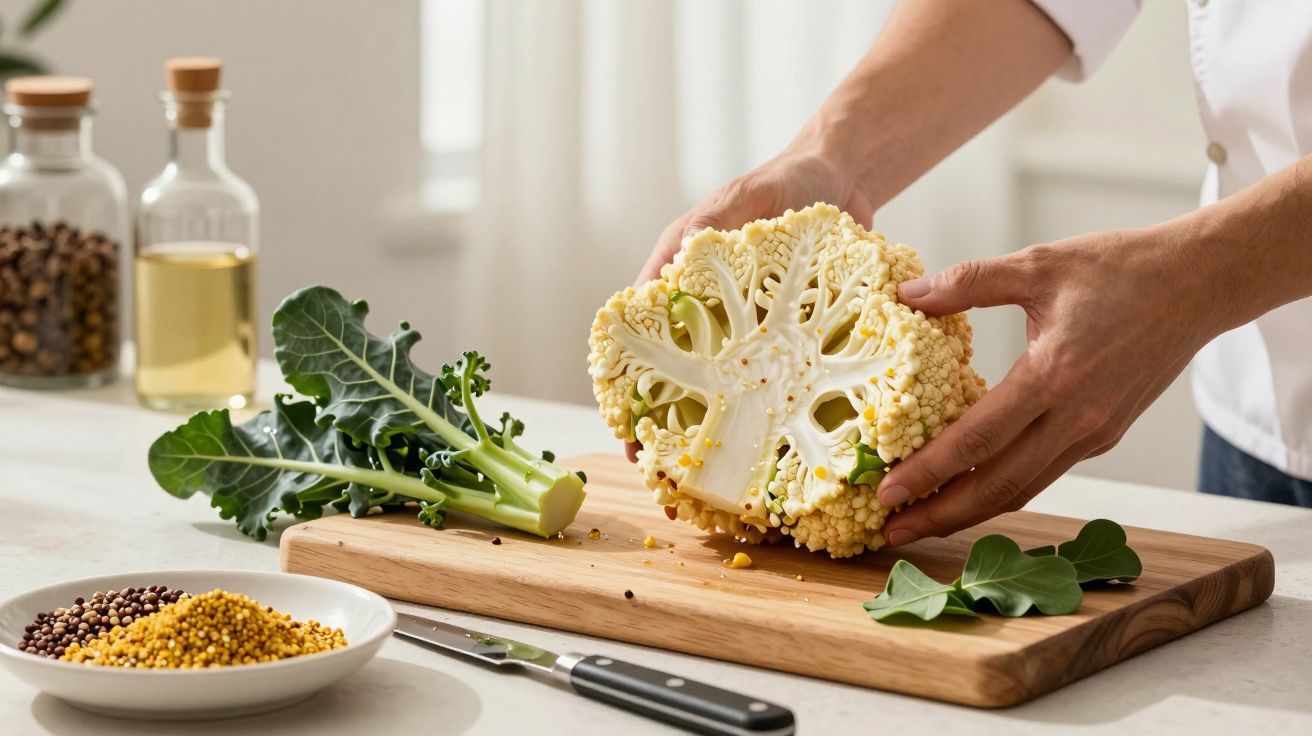 Pessoa segurando couve-flor sobre tábua de cortar, com óleo e especiarias na bancada ao fundo.