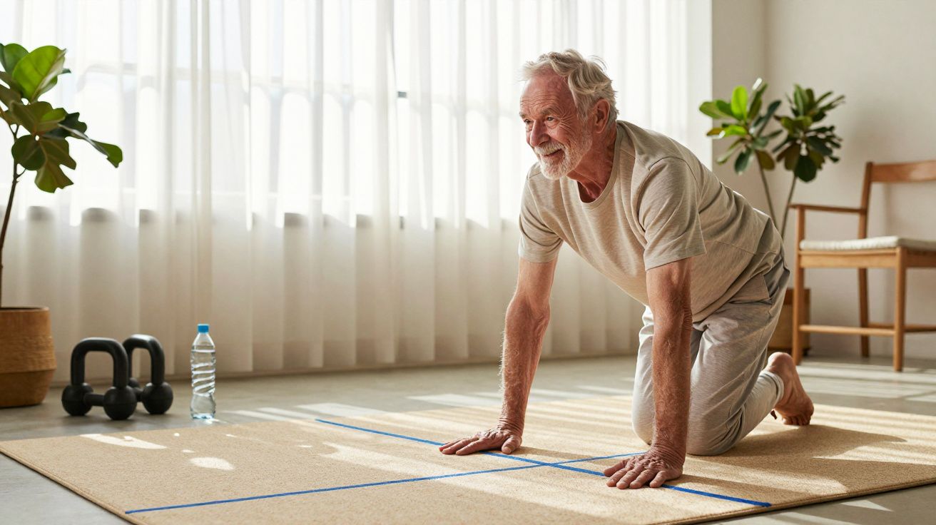 Homem idoso a fazer exercício de alongamento numa sala iluminada com plantas e equipamento de treino ao fundo.