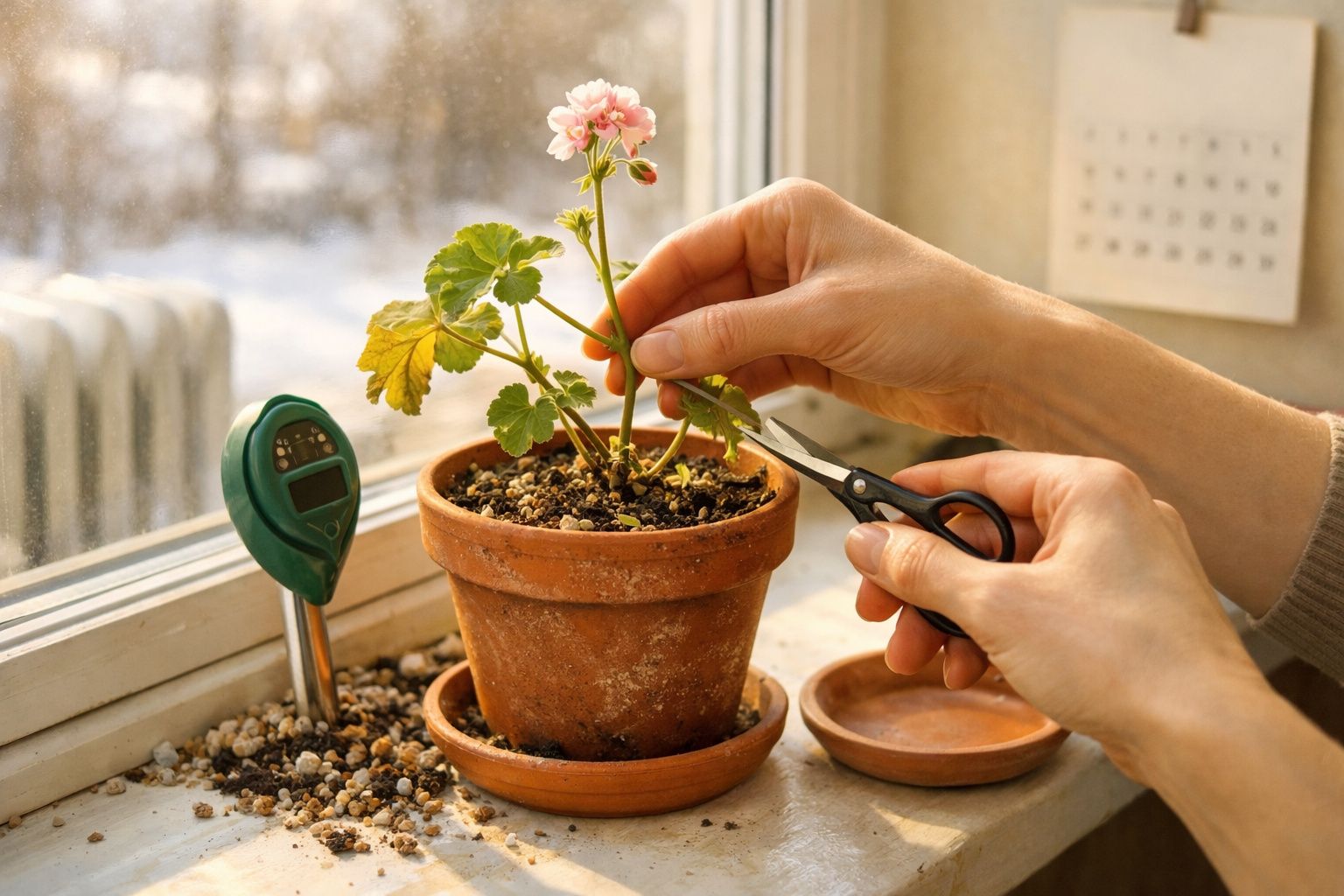 Pessoa a podar uma planta em vaso de barro junto à janela, usando uma tesoura pequena.