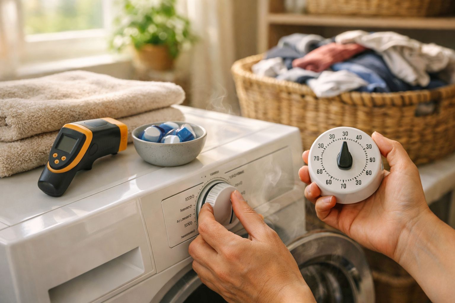 Mão ajustando temporizador e outra girando botão de máquina de lavar, com cesto de roupa e termómetro sobre a máquina.