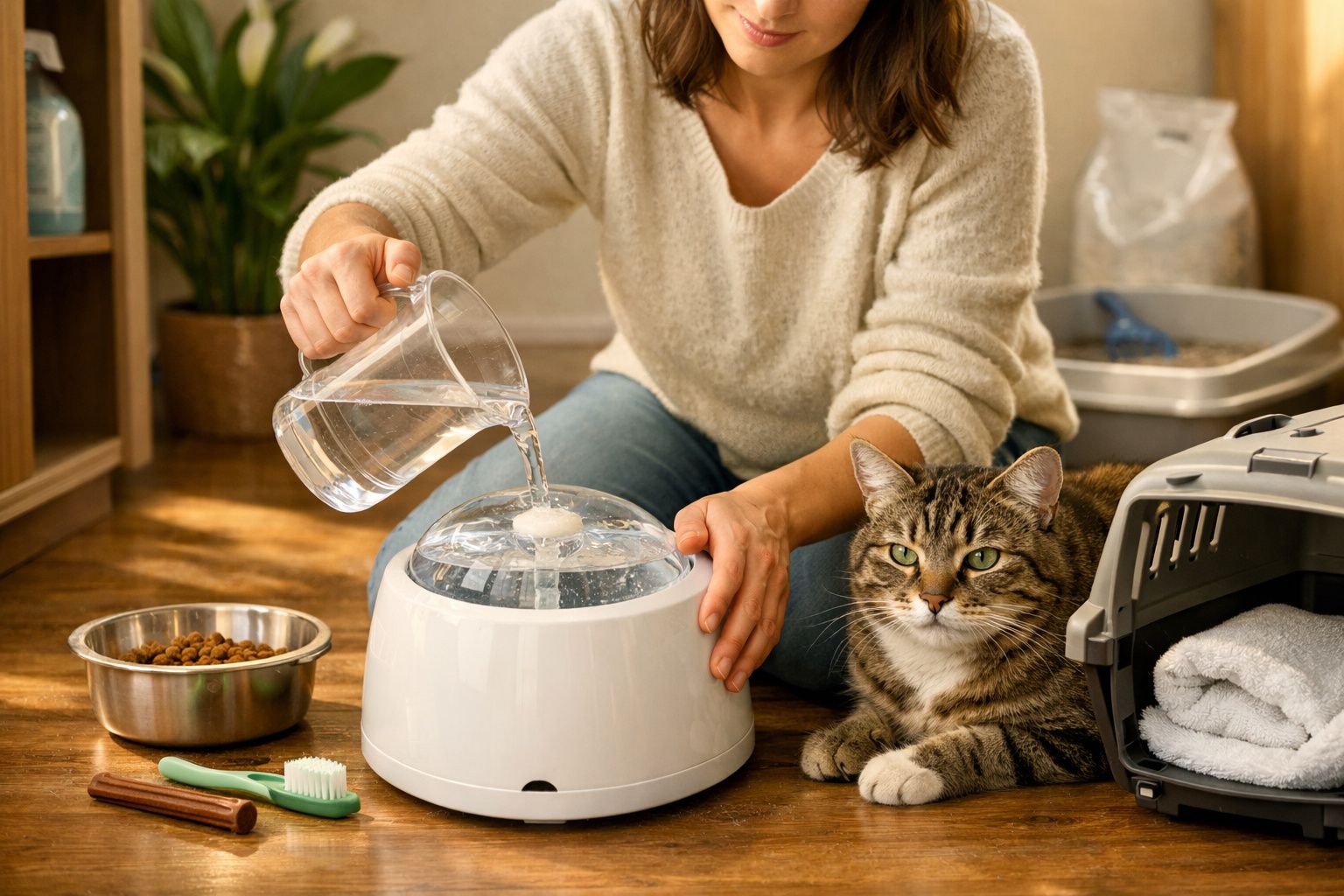 Mulher enche fonte de água para gato ao lado de tigela de comida e caixa de transporte num piso de madeira.