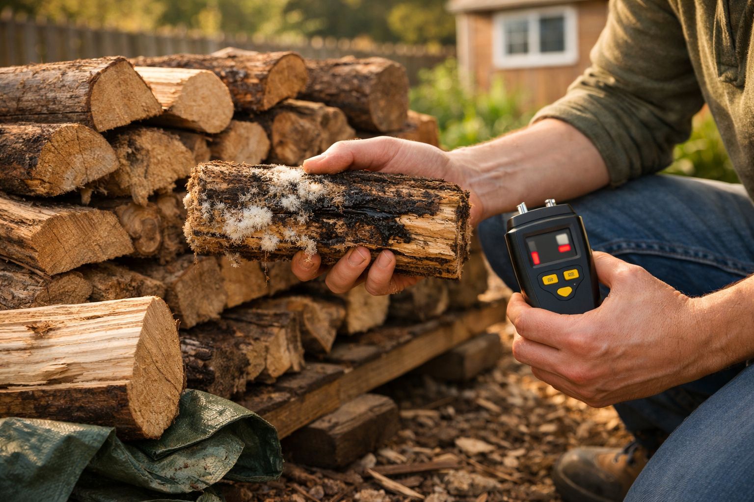 Pessoa mede a humidade de lenha com um medidor portátil.