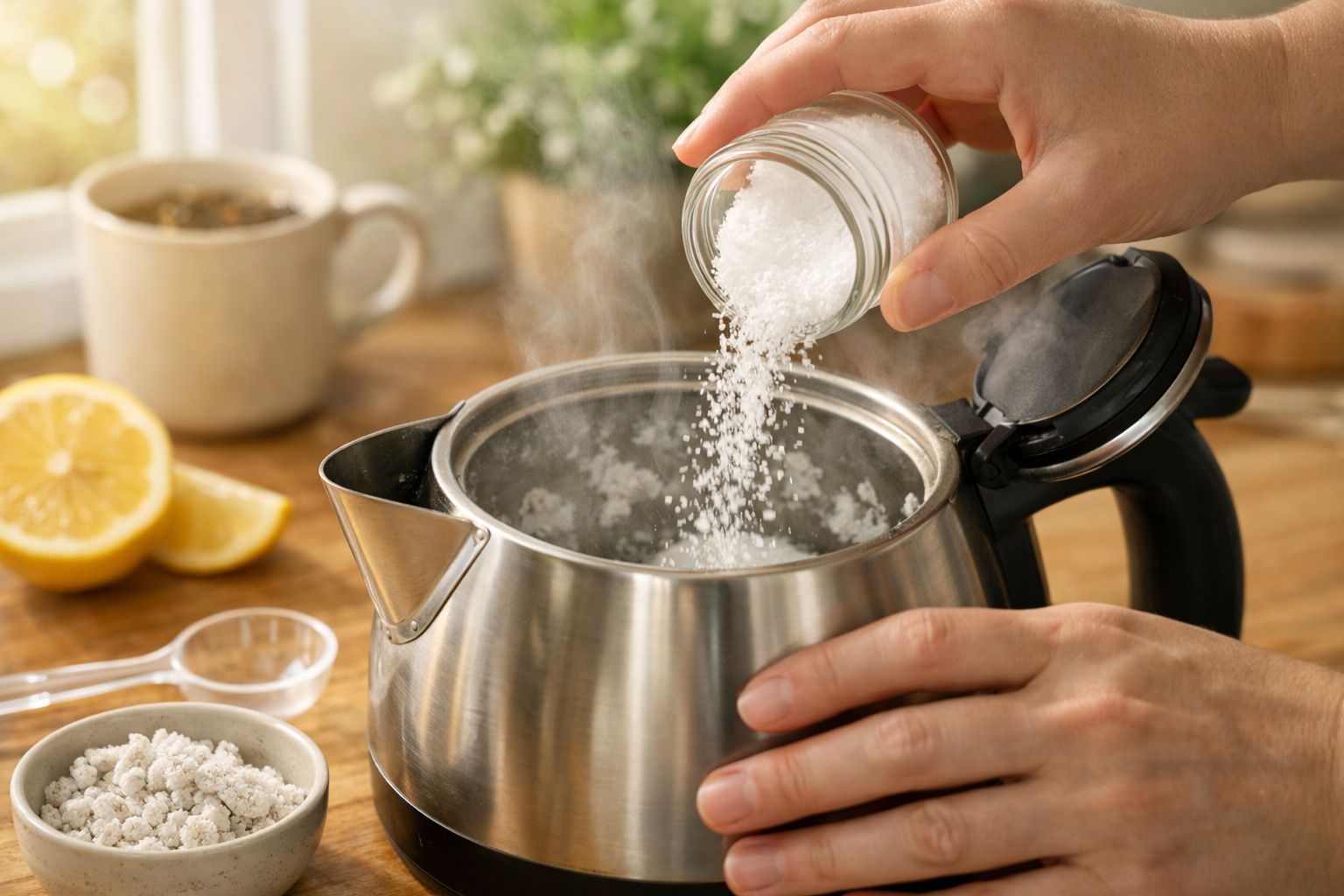Mãos adicionam sal a chaleira de metal fervendo. Ao fundo, limão e chá sobre a mesa de madeira.