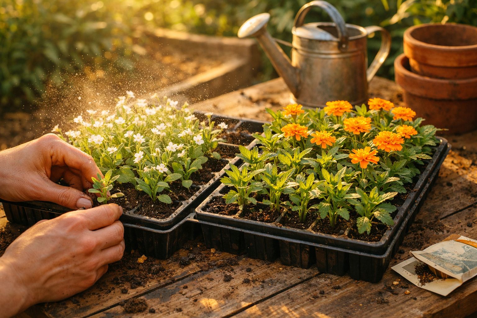 Mãos cuidam de flores brancas e amarelas em bandejas de plantas sob luz solar, com um regador e vasos ao fundo.