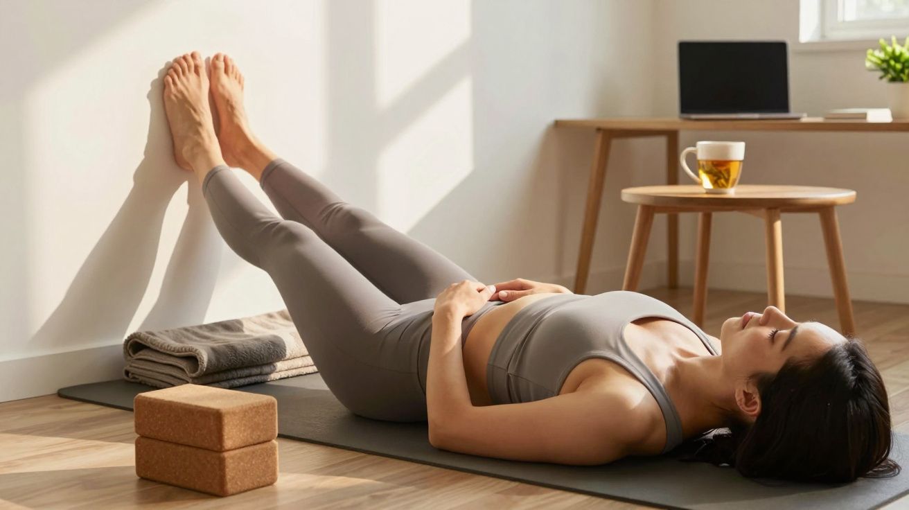 Mulher praticando ioga em casa, deitada de costas com as pernas levantadas contra a parede.