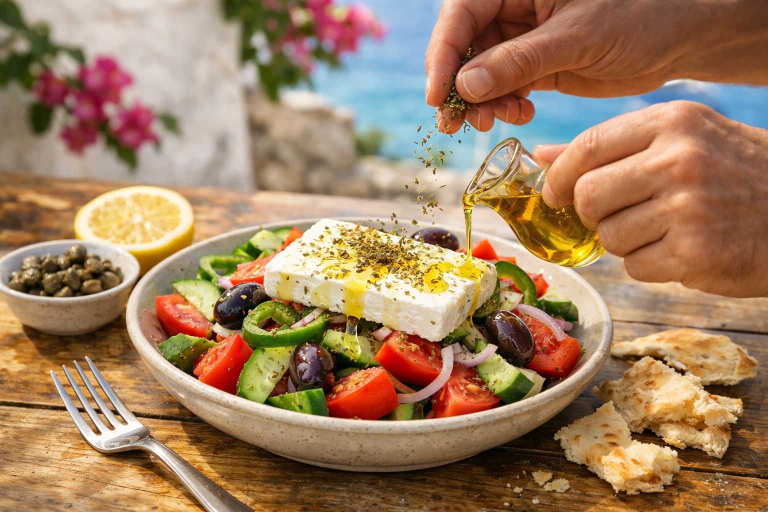 Salada grega com tomate, pepino, azeitonas e queijo feta, temperada com azeite e ervas, ao ar livre com vista para o mar.