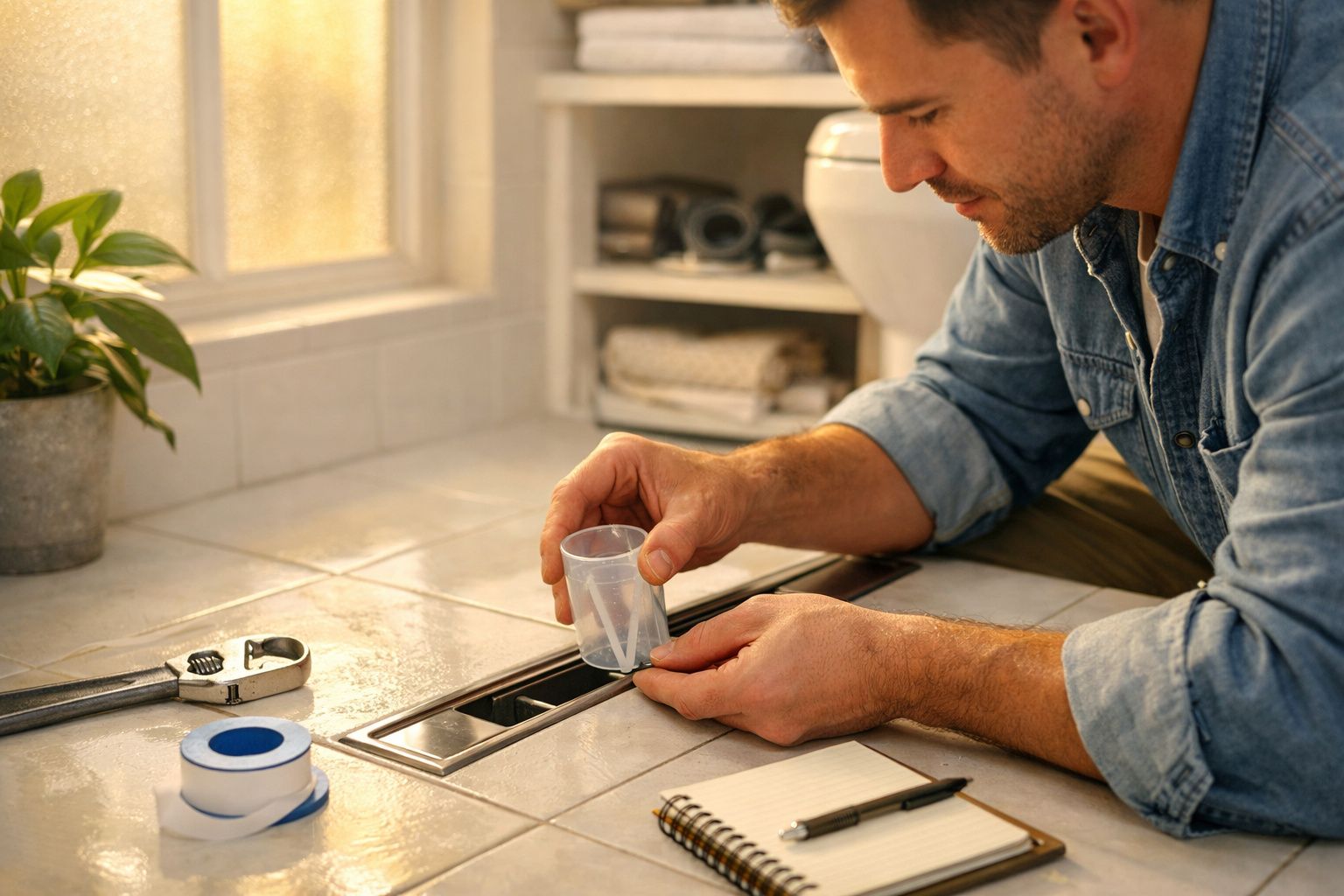 Pessoa com luvas a despejar água num ralo de chão, rodeada por ferramentas de limpeza.