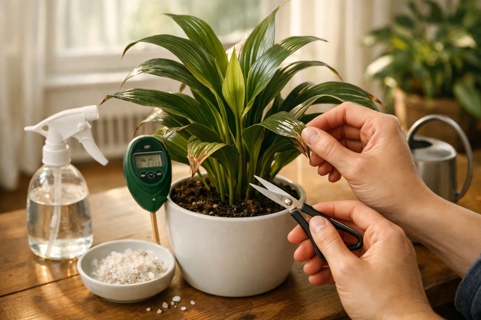 Mãos seguram folha de planta em vaso; regador e medidor de humidade (28%) e temperatura (22.3°C) são visíveis ao fundo.