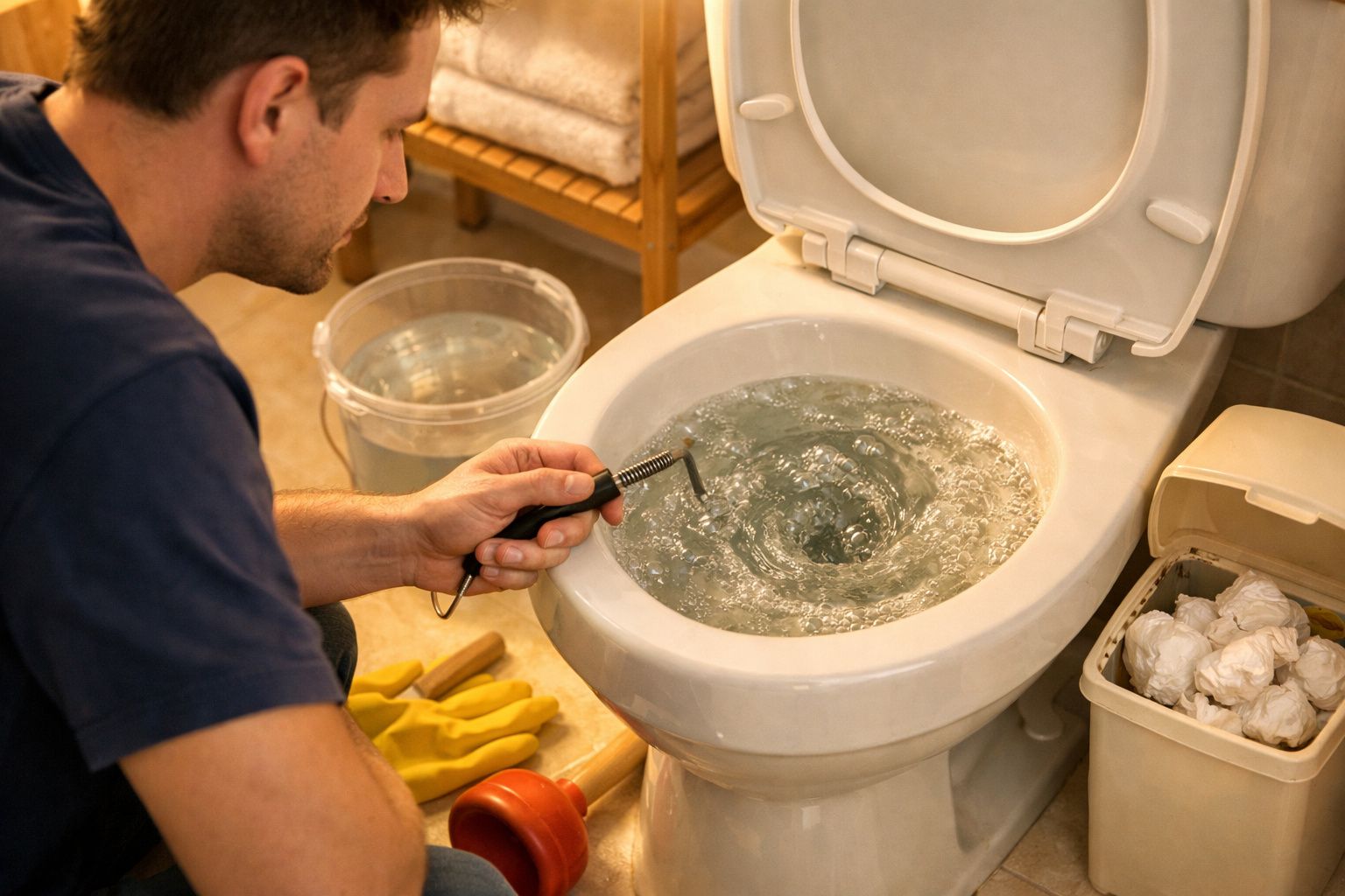Mulher observando sanita enquanto a água gira, com papel higiénico e um desentupidor ao lado.