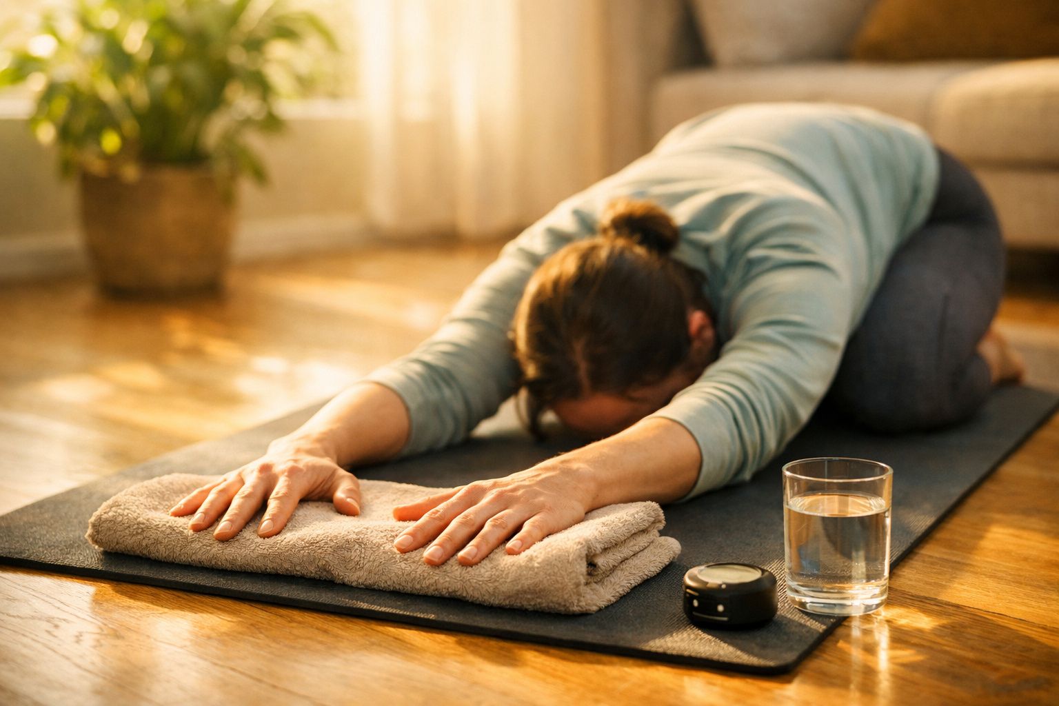 Mulher a fazer yoga em casa numa posição de relaxamento, sobre tapete com toalha. Copo de água e planta ao fundo.