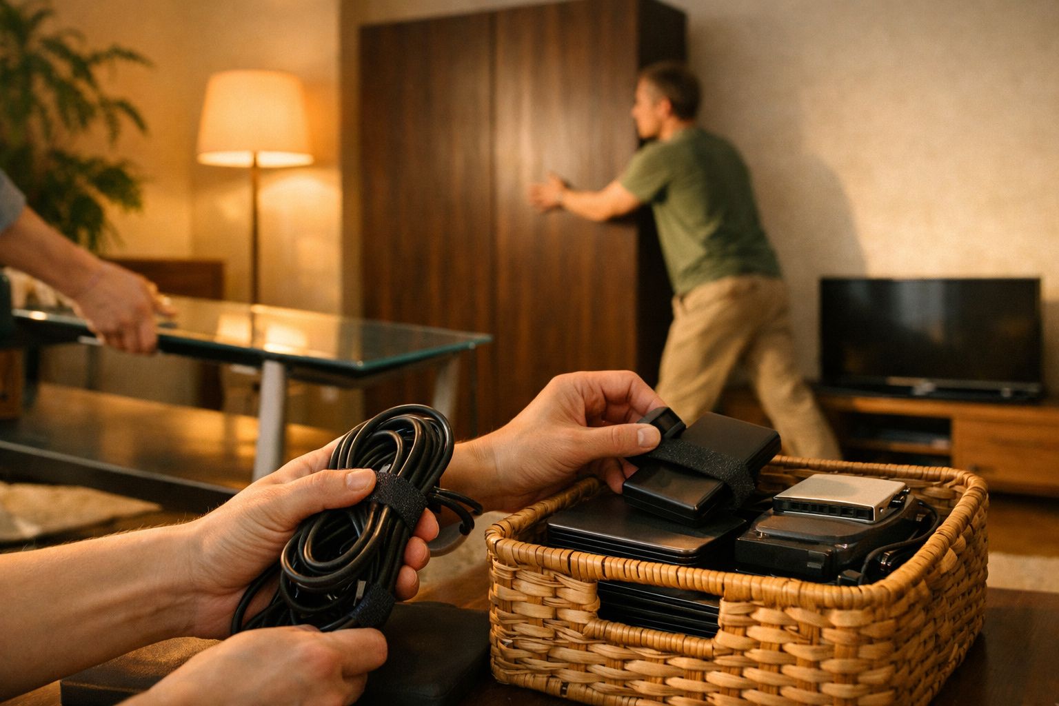 Pessoa a organizar cabos numa cesta, numa sala de estar bem iluminada com lareira e mesa de madeira.