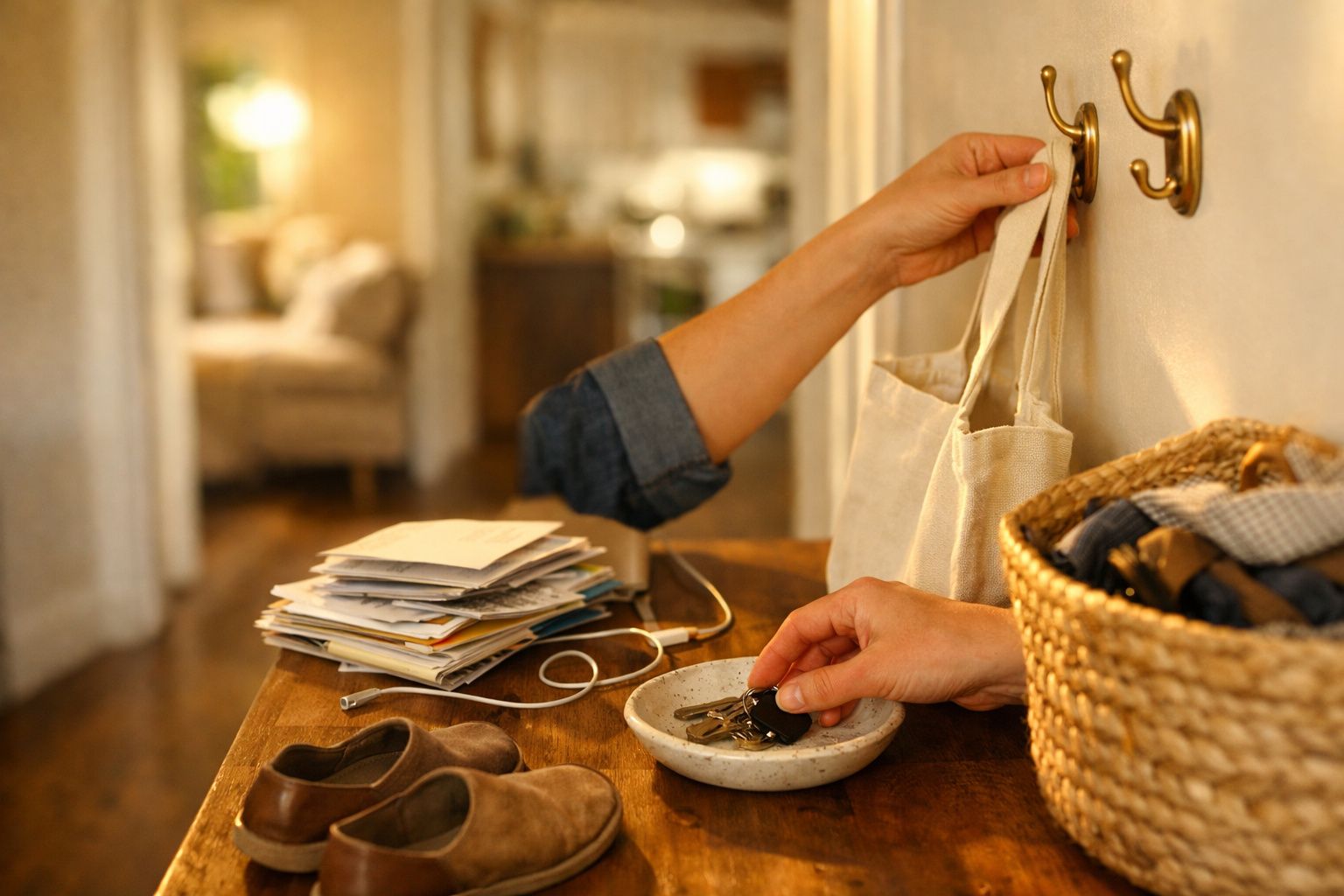 Pessoa pendura saco em gancho, coloca chaves numa tigela numa entrada decorada com cartas e cesto.