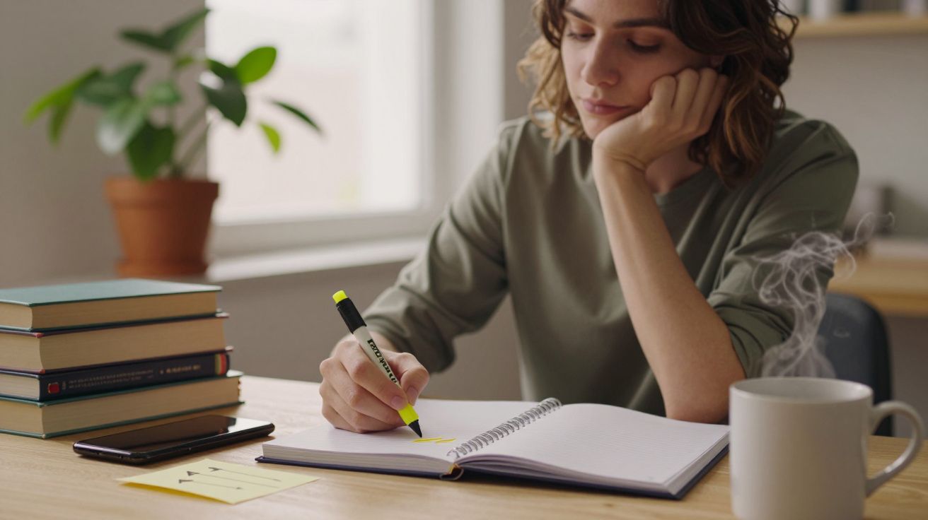 Pessoa a estudar numa mesa com caderno, caneta fluorescente, chávena e pilha de livros; planta ao fundo.