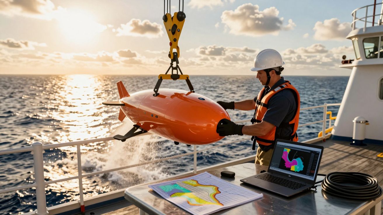Homem em navio opera drone subaquático laranja, com laptop e mapa ao pôr do sol.