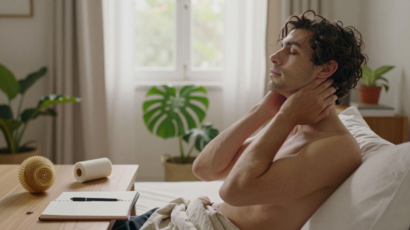 Homem relaxa na cama enquanto massageia o pescoço, com caderno aberto e bola de massagem na mesa ao lado.