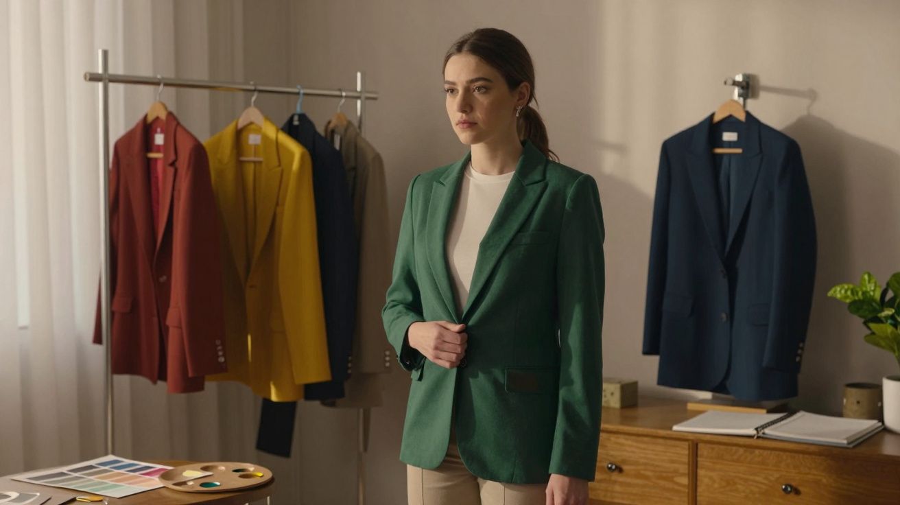 Mulher de blazer verde em oficina de moda, com blazers coloridos pendurados ao fundo.