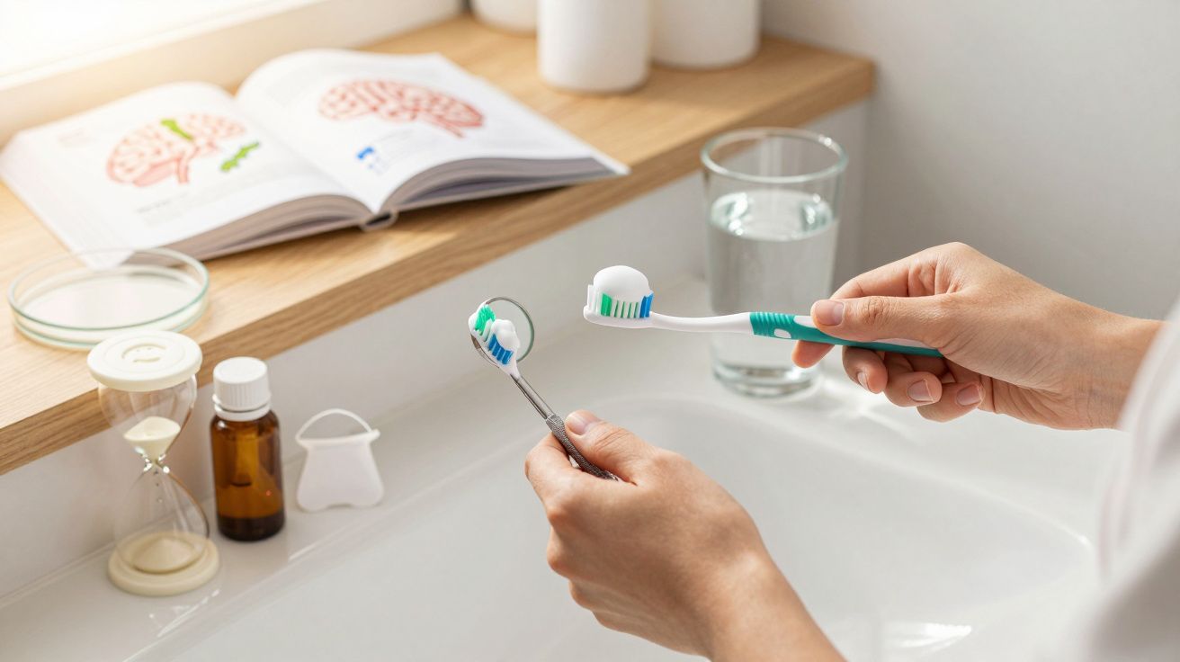 Pessoa a comparar duas escovas de dentes numa casa de banho, com copo de água e frasco de remédio ao fundo.