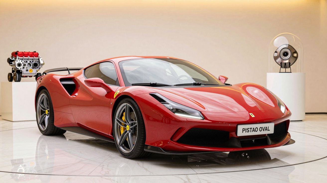 Carro desportivo vermelho brilhante exposto em showroom, com fundo claro e objetos automotivos ao lado.