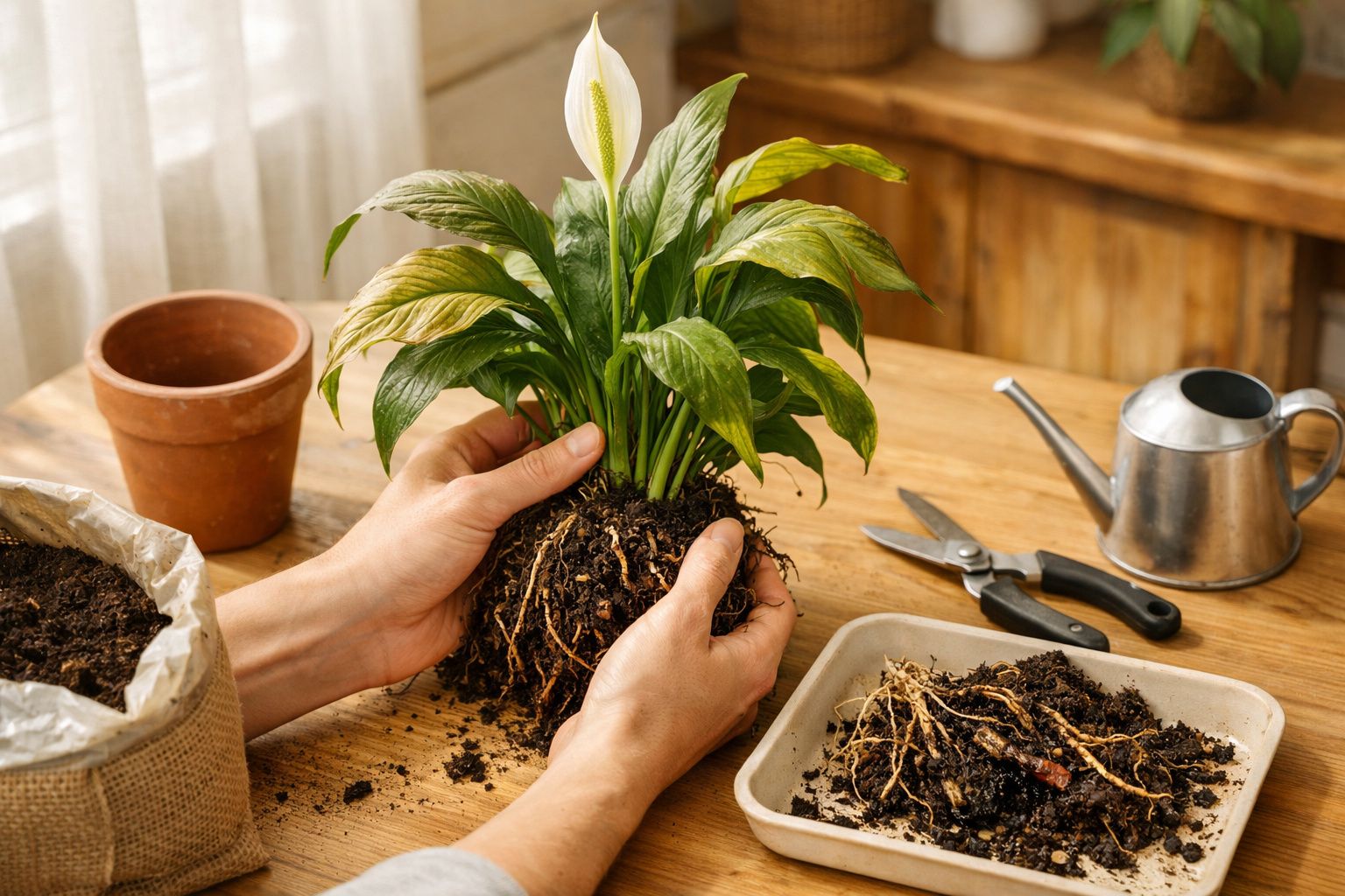 Mãos a plantar um lírio-da-paz em vaso de barro, com regador e saco de terra ao fundo numa mesa de madeira.