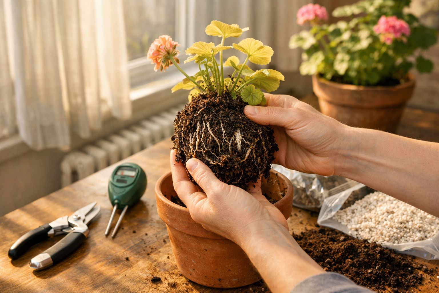 Pessoa transplantando planta com raízes à mostra para vaso de barro, cercada por acessórios de jardinagem numa mesa.