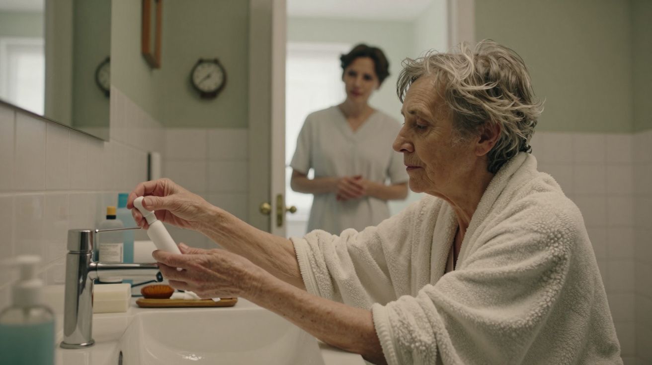 Idosa num roupão, segurando frasco no lavatório, enquanto cuidadora está ao fundo na casa de banho.