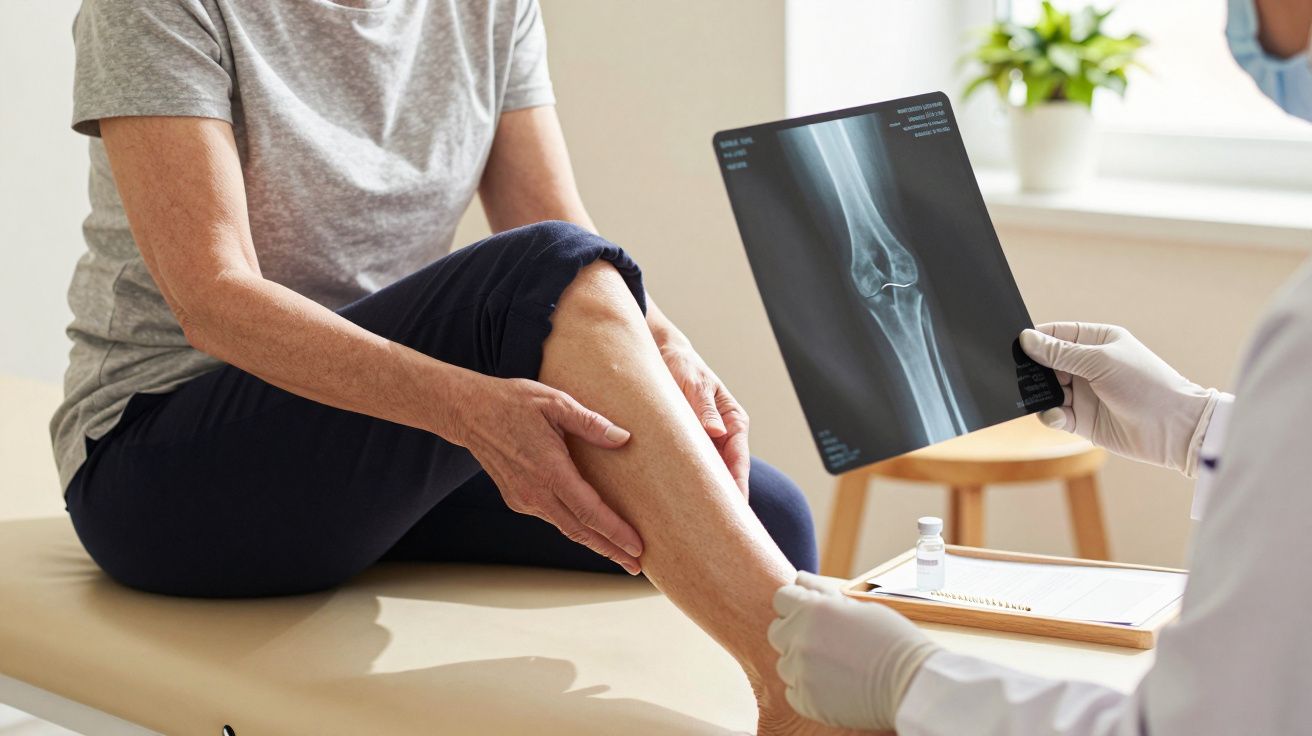 Paciente sentada, segurando perna, enquanto médico mostra raio-X do joelho, consultório iluminado ao fundo.