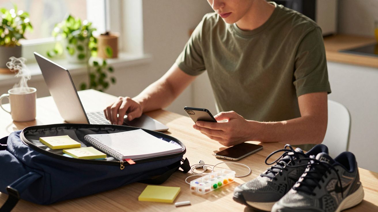 Homem usando smartphone e portátil numa mesa com sapatos desportivos, mochila e chávena, num ambiente de home office.