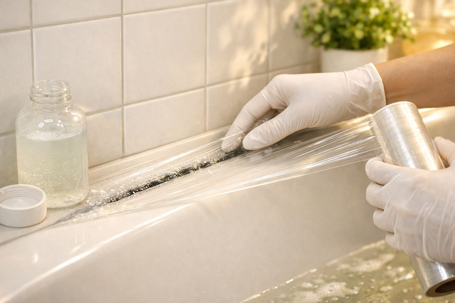 Mãos com luvas aplicam película de plástico transparente em calafetação danificada de uma banheira.
