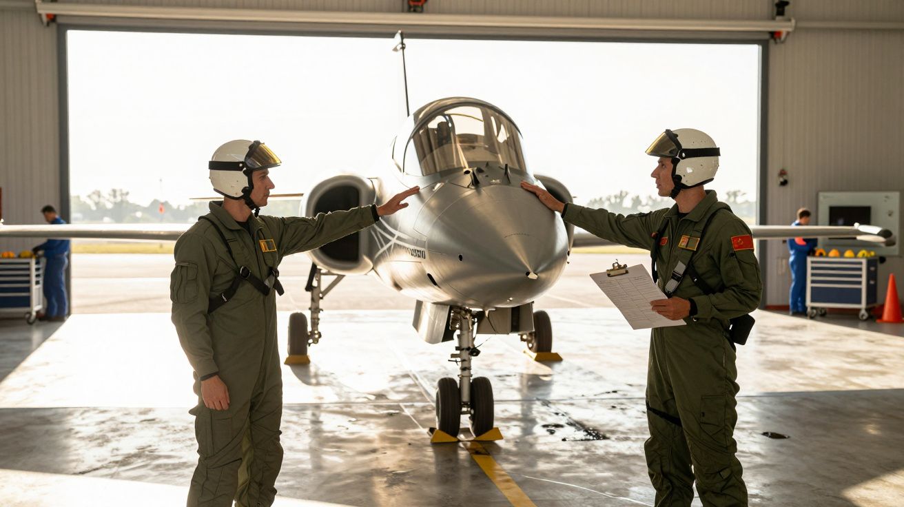 Dois pilotos em frente a um avião militar num hangar, trocando gestos em uniforme verde e capacete branco.