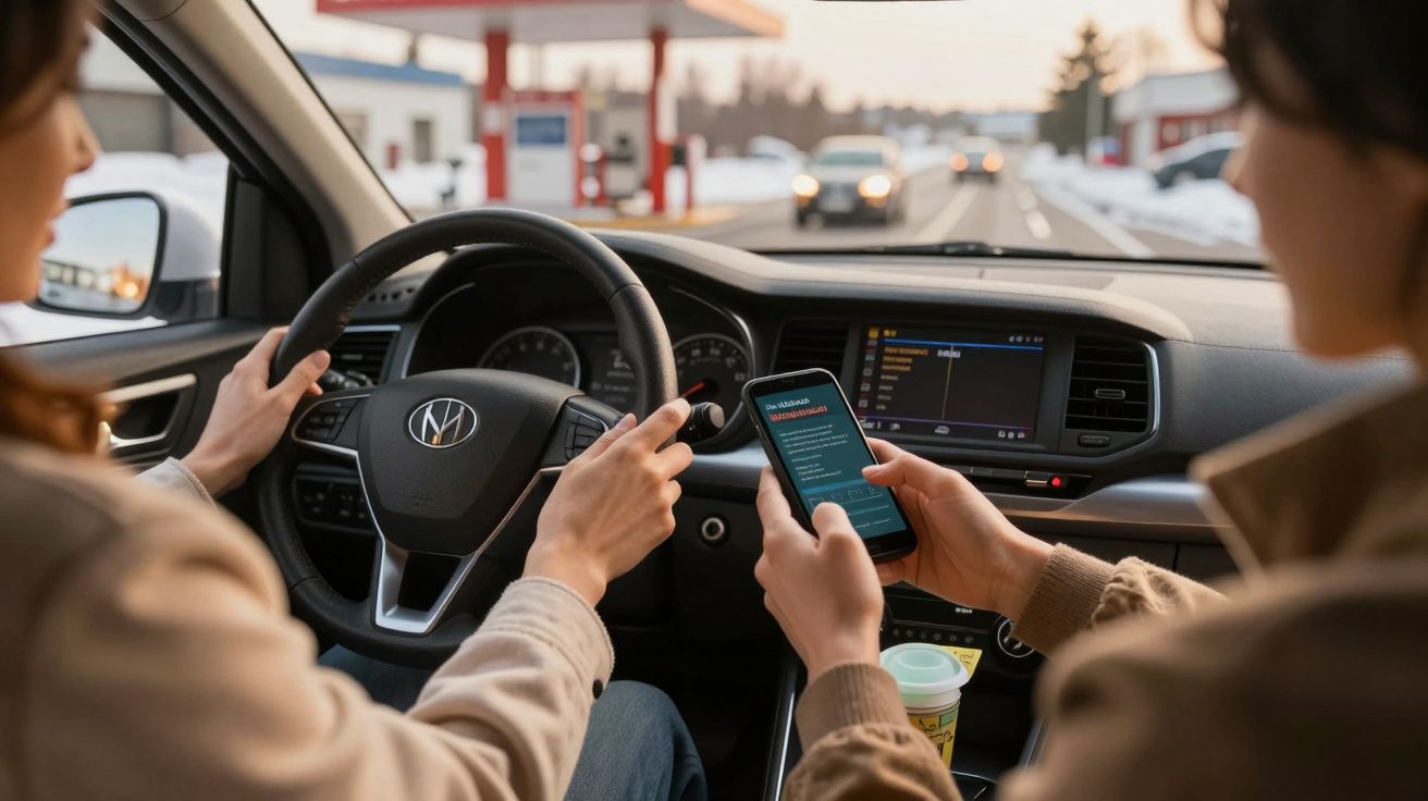 Duas pessoas num carro, uma a conduzir e outra a usar um smartphone, num ambiente de estrada urbana.