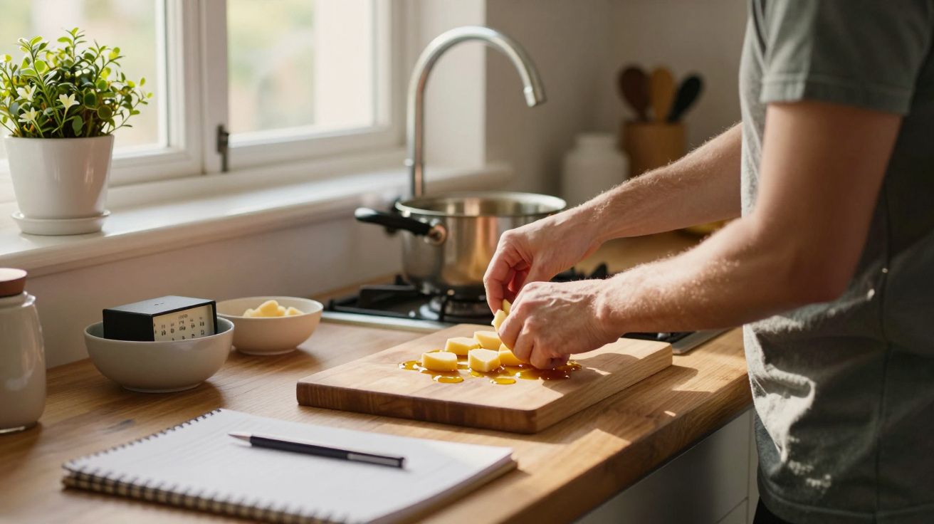 Pessoa a cortar batatas em tábua na cozinha iluminada, vaso de plantas na janela e caderno na bancada.