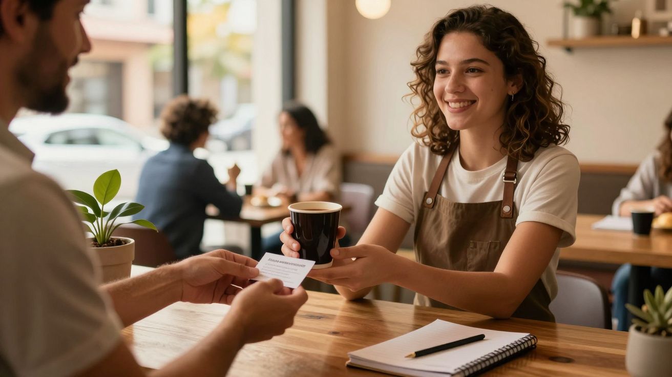 Mulher sorridente oferece café a cliente em mesa de café acolhedor, com plantas e uma janela ao fundo.