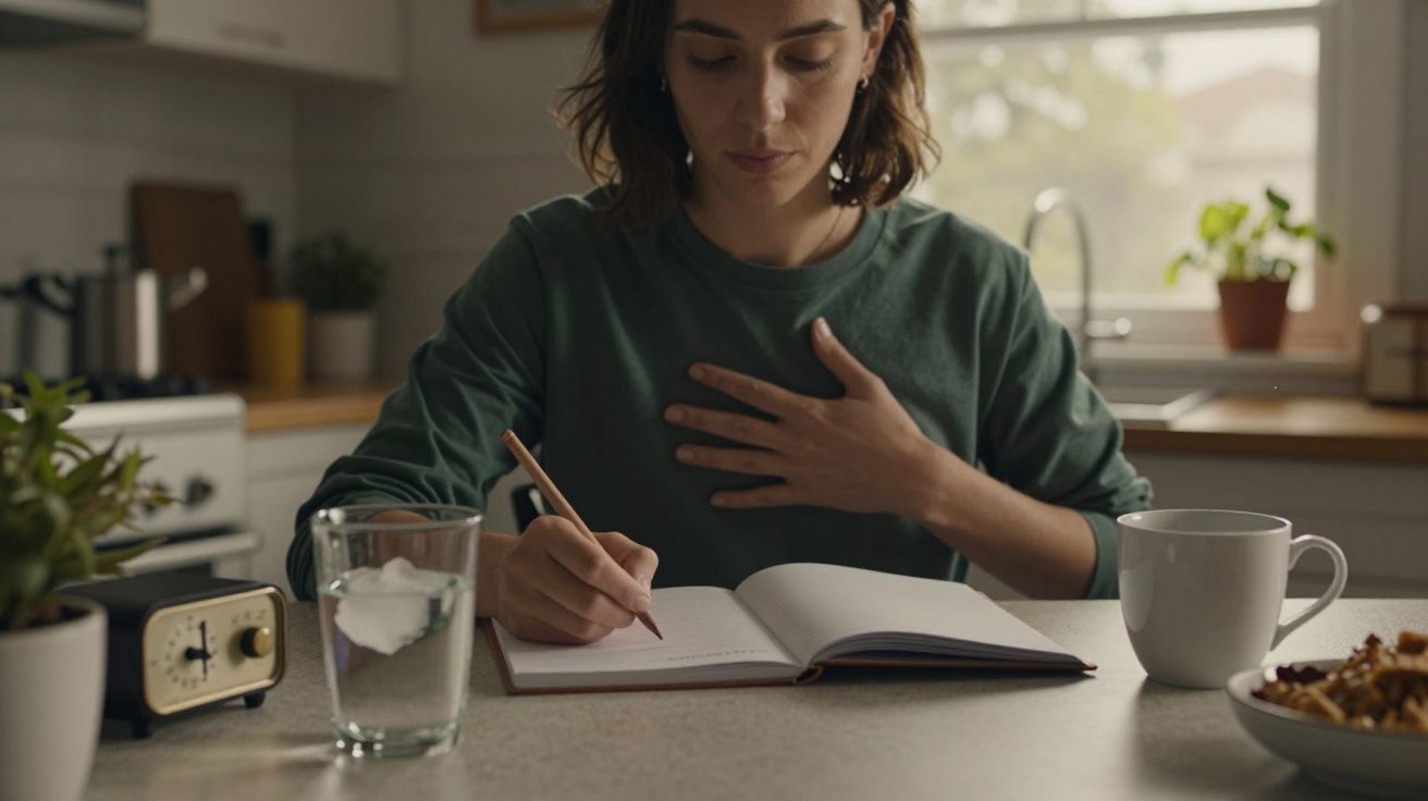 Mulher escrevendo num bloco de notas na cozinha, com chávena, copo de água e tigela com cereais na mesa.