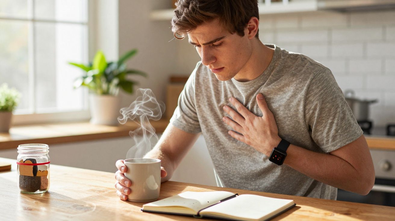 Homem sentado à mesa com expressão de desconforto, segurando o peito. Há uma caneca fumegante e um caderno à sua frente.
