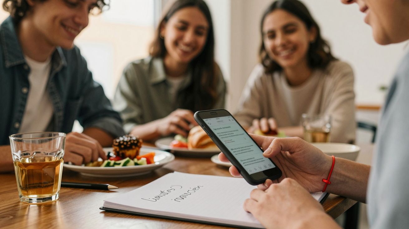 Grupo de jovens à mesa, com um deles a usar o telemóvel e um caderno aberto à frente, pratos com comida ao redor.