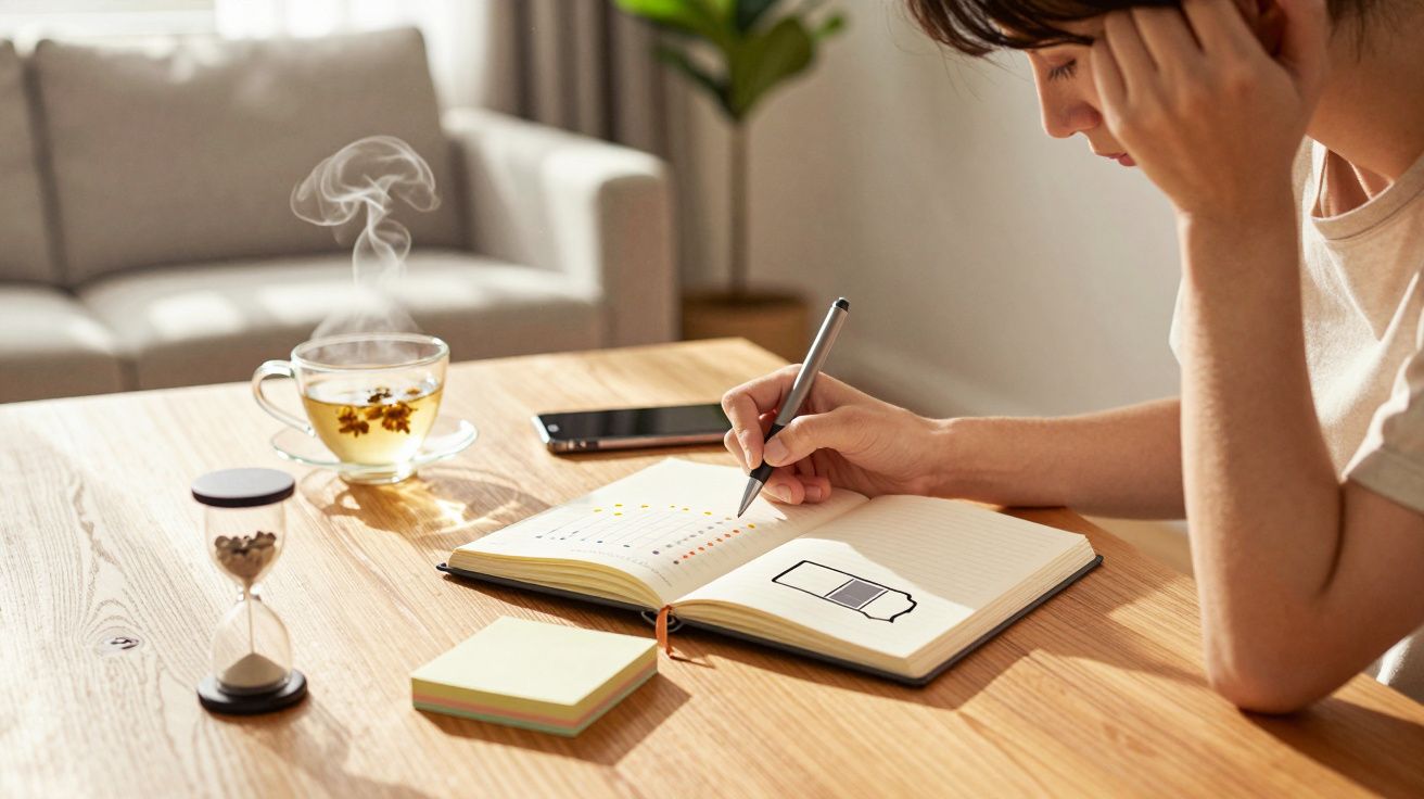 Pessoa a escrever em caderno com chá e ampulheta na mesa, numa sala iluminada.