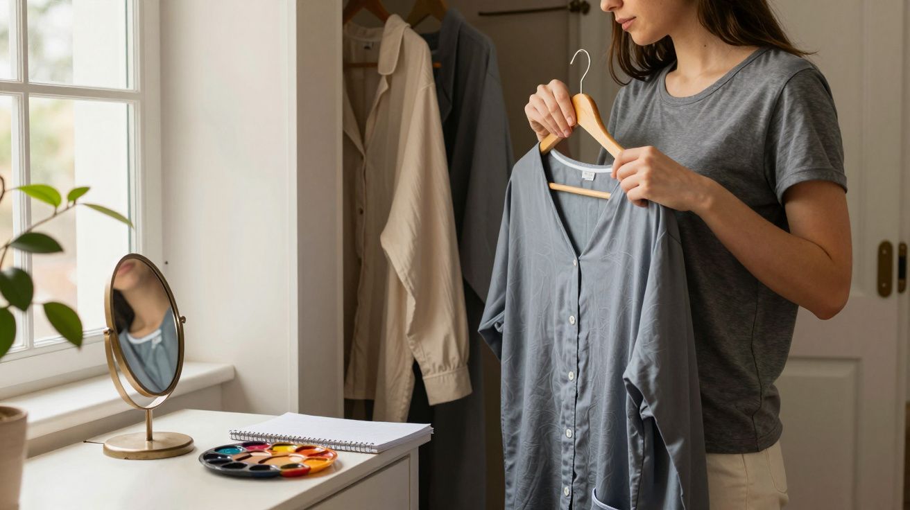 Mulher segura camisa cinza em cabide, perto de roupeiro e janela, com espelho e materiais de arte na mesa.