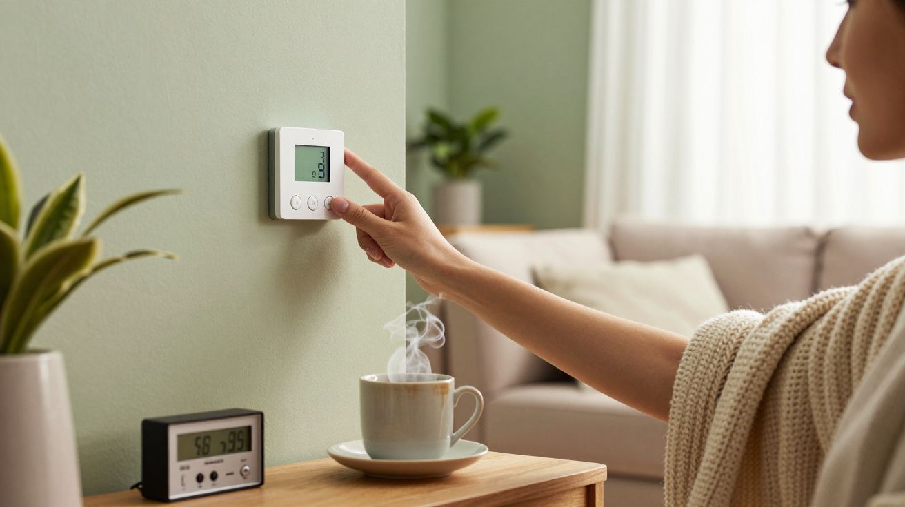 Mulher ajusta termostato na parede, enquanto uma chávena de chá quente está sobre a mesa ao lado de um relógio digital.