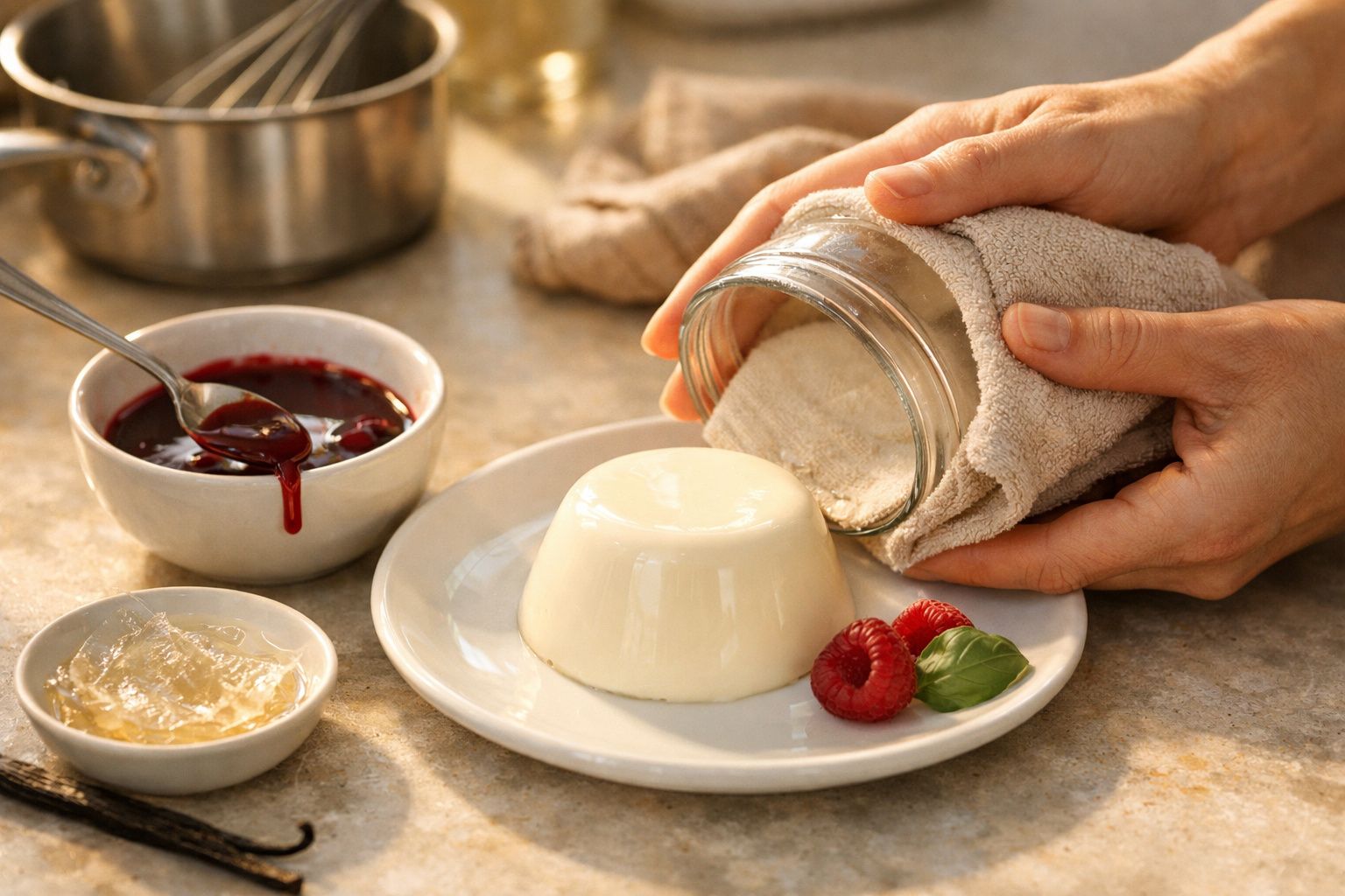 Sobremesa de panna cotta num prato branco, com molho de frutas vermelhas, framboesas e casca de limão ao lado.