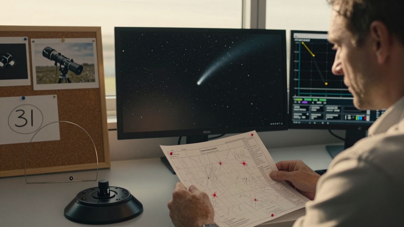 Homem analisa gráfico estelar em frente a ecrãs com imagem de cometa e gráficos astronómicos em escritório iluminado.