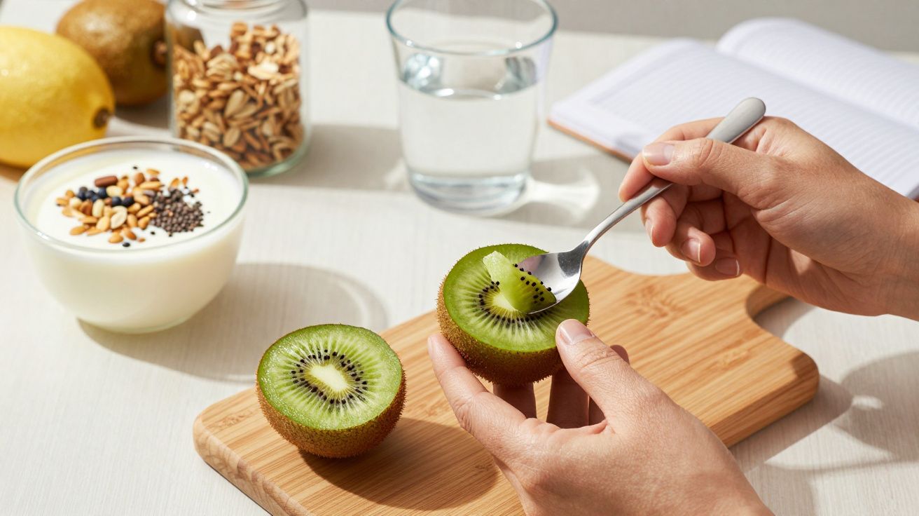 Mão segurando kiwi cortado ao meio sobre tábua, com iogurte, limão e copo de água ao fundo.