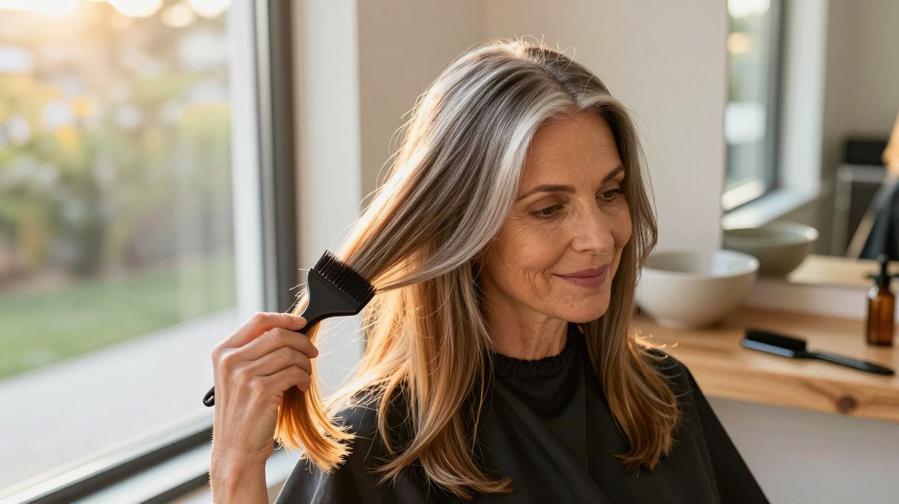 Mulher madura penteia cabelo grisalho junto a janela, sorrindo suavemente.