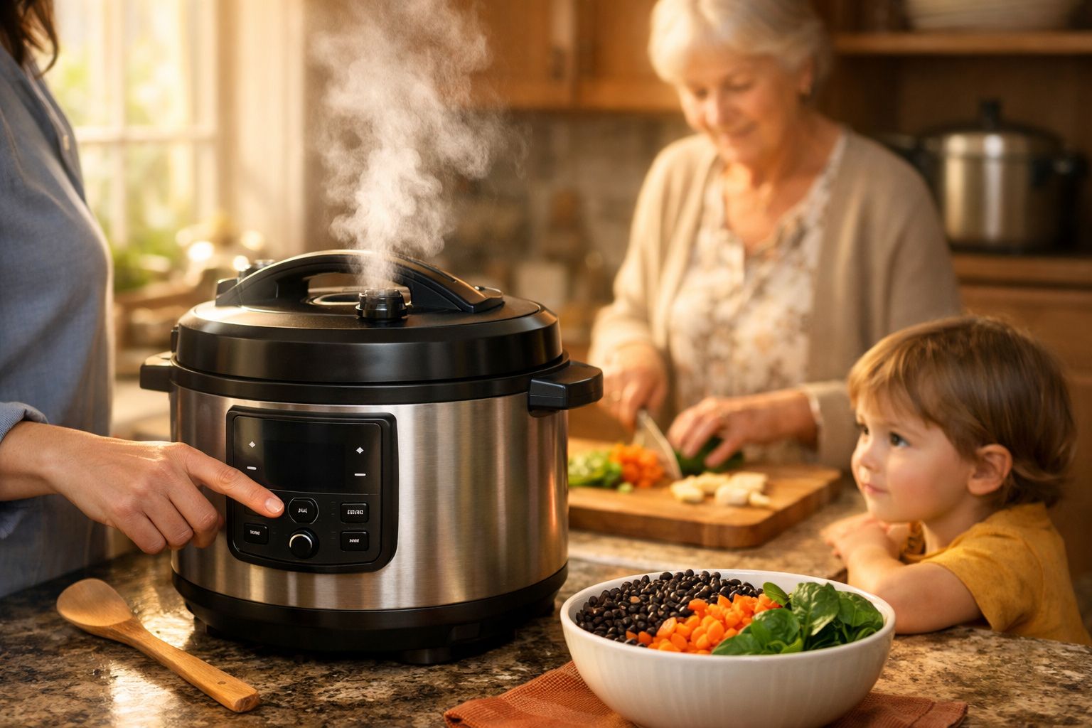 Pessoa ajusta panela elétrica a vapor numa cozinha, com uma criança a observar e uma mulher a cortar legumes ao fundo.