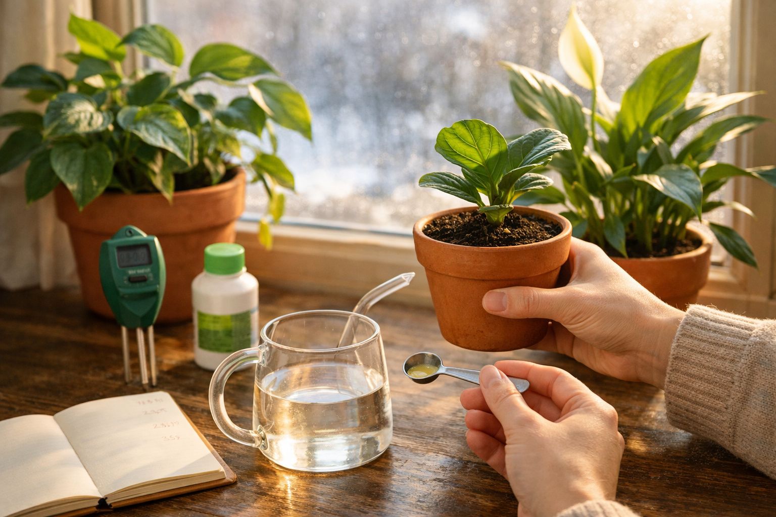 Mãos cuidam de planta em vaso de barro, com regador e caderno ao lado, numa mesa perto de janela iluminada.