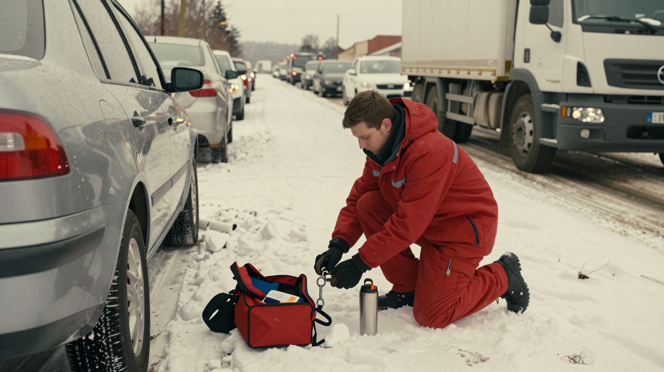 Homem com roupa vermelha ajoelhado na neve junto a um carro, mexendo em ferramentas de uma bolsa vermelha aberta.