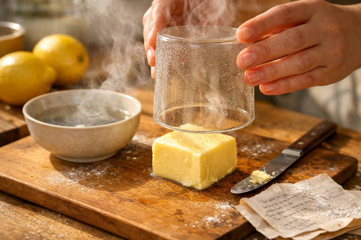 Mão cobrindo manteiga com copo sobre mesa de madeira, ao lado de faca, tigela e limões.