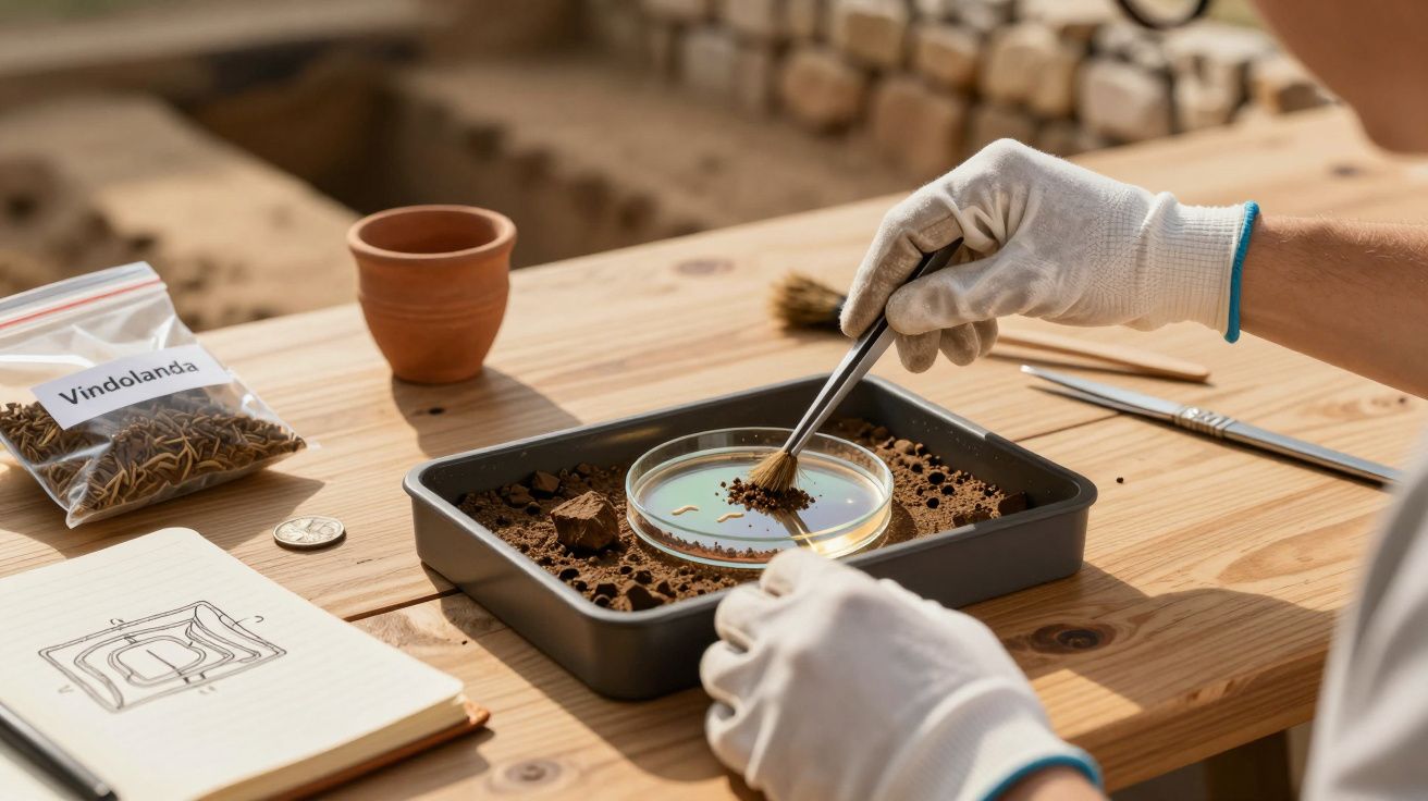 Pessoa com luvas analisa amostra de solo numa caixa com pinças, caderno e saco rotulado 'Vindolanda' sobre a mesa.