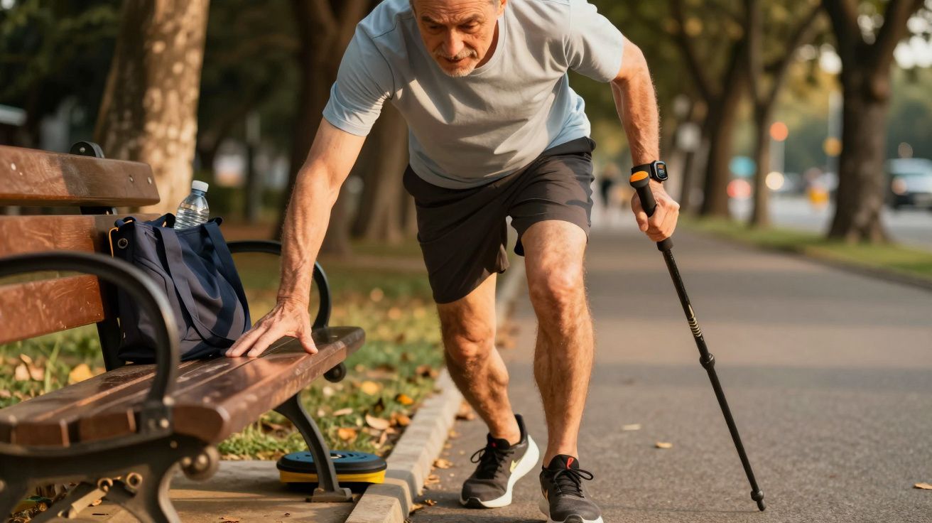 Homem a usar uma bengala, inclina-se para se sentar num banco de parque, mochila e garrafa de água ao lado.