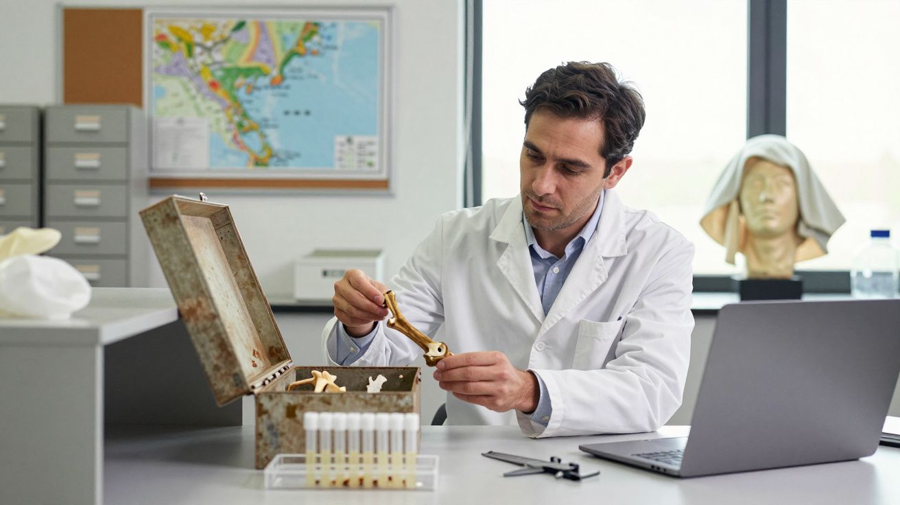 Homem de jaleco analisa artefato histórico em laboratório, com laptop e mapas ao fundo.